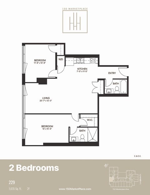 Floor plan for 2 beds, 2 baths, 1017 sqft